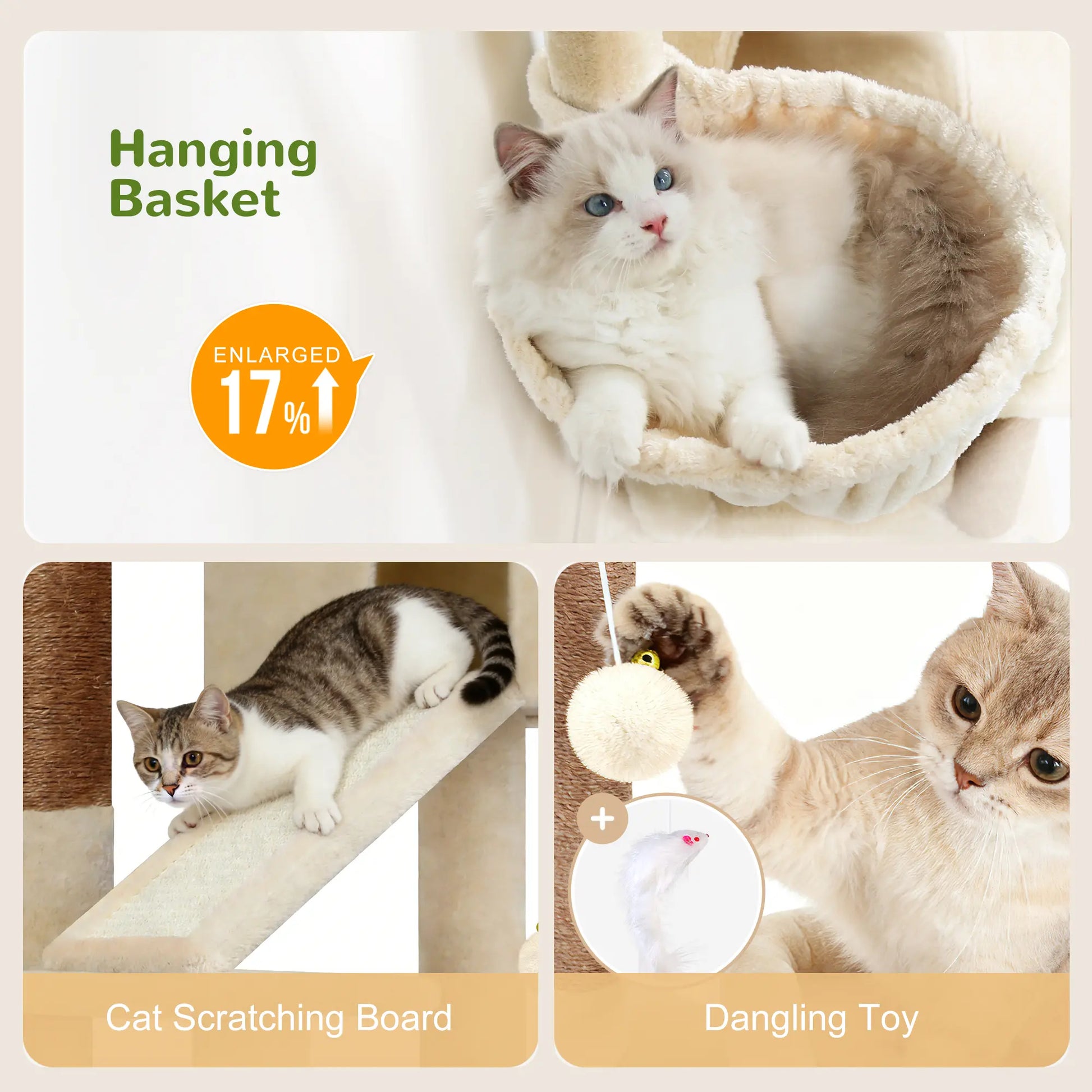 Globlazer 50-Inch Corner Cat Tree Tower for Indoor Cats with Scratching Board, Kitty Condo, and Basket - Beige