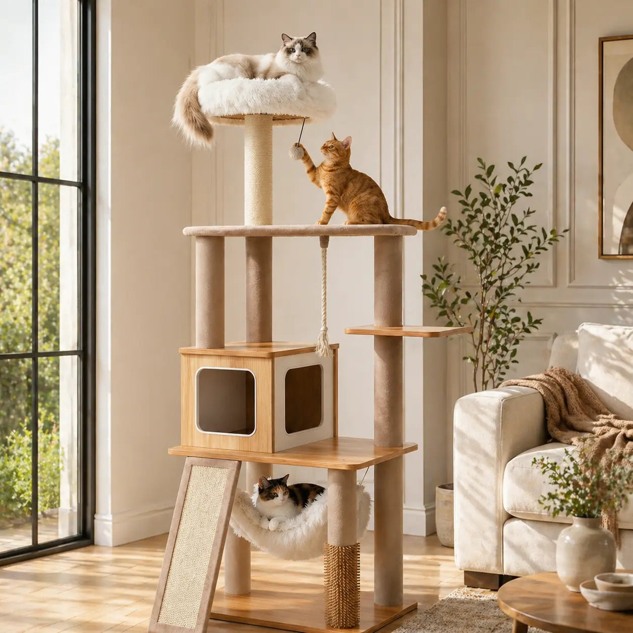 Purrlato 61-Inch Solid Wood Cat Tree - Heavy Duty Modern Cat Tower for Indoor Cats with Extra Large Top Perch, Sturdy Scratching Posts, and Spacious Condo - Ideal Gift for Mother's Day