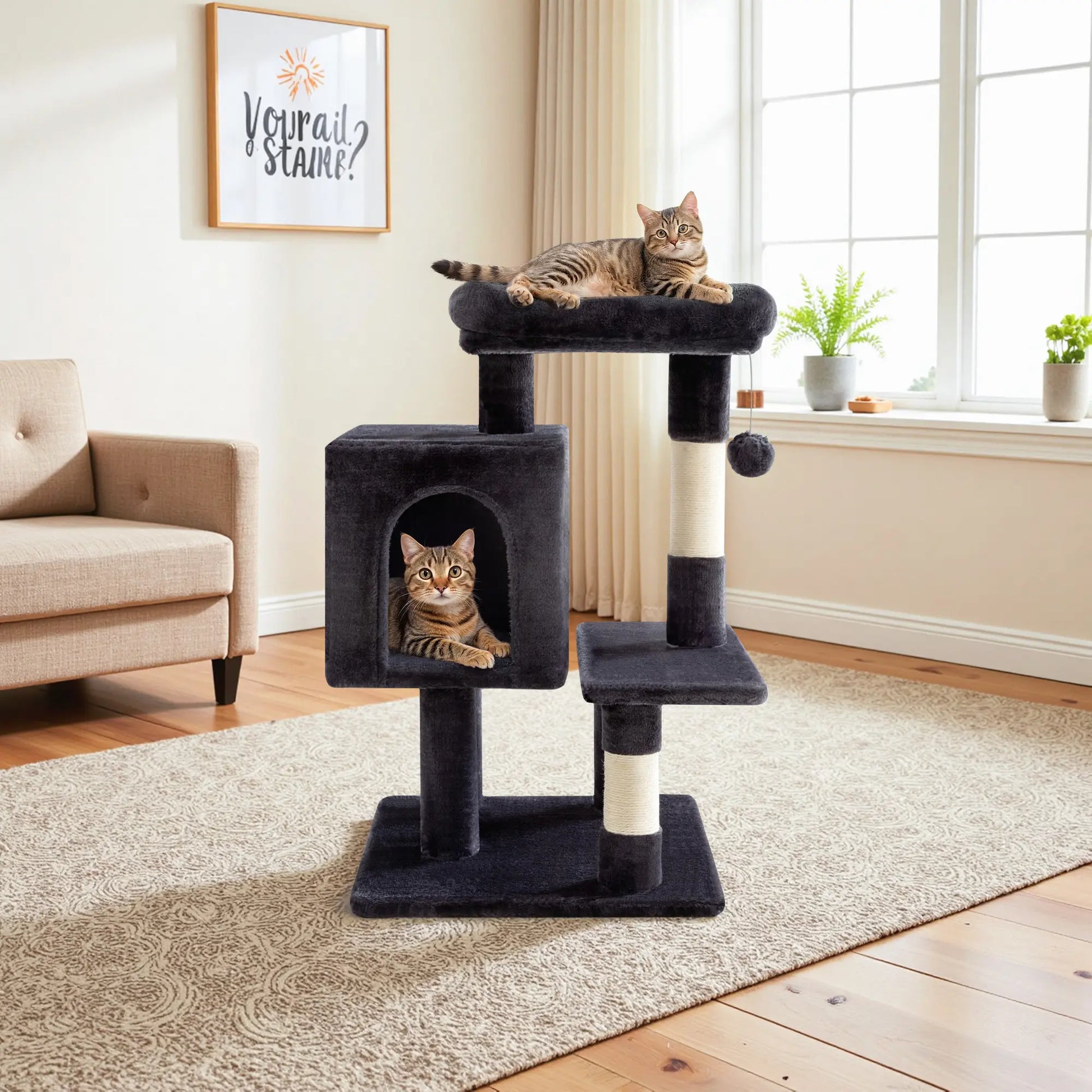 HOOMIC 29-Inch Multi-Level Cat Tree Tower with Spacious Perch, Cozy Condo, and Sisal Scratching Posts - Space-Saving Indoor Pet Furniture in Pink, Beige, Dark Blue, and Grey