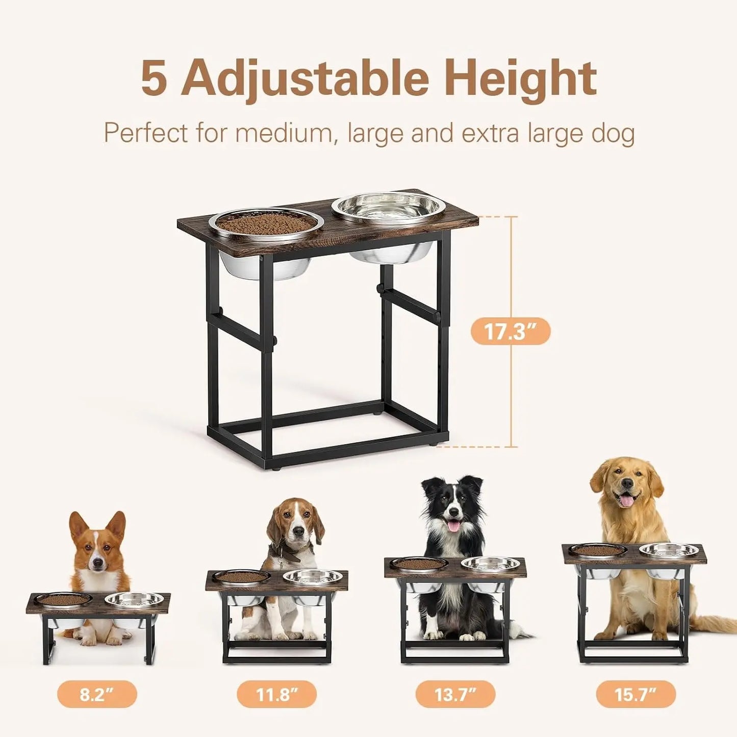 Elevated Dog Feeding Station with Adjustable Height, Includes Two 2.2L Stainless Steel Bowls for Large Breeds