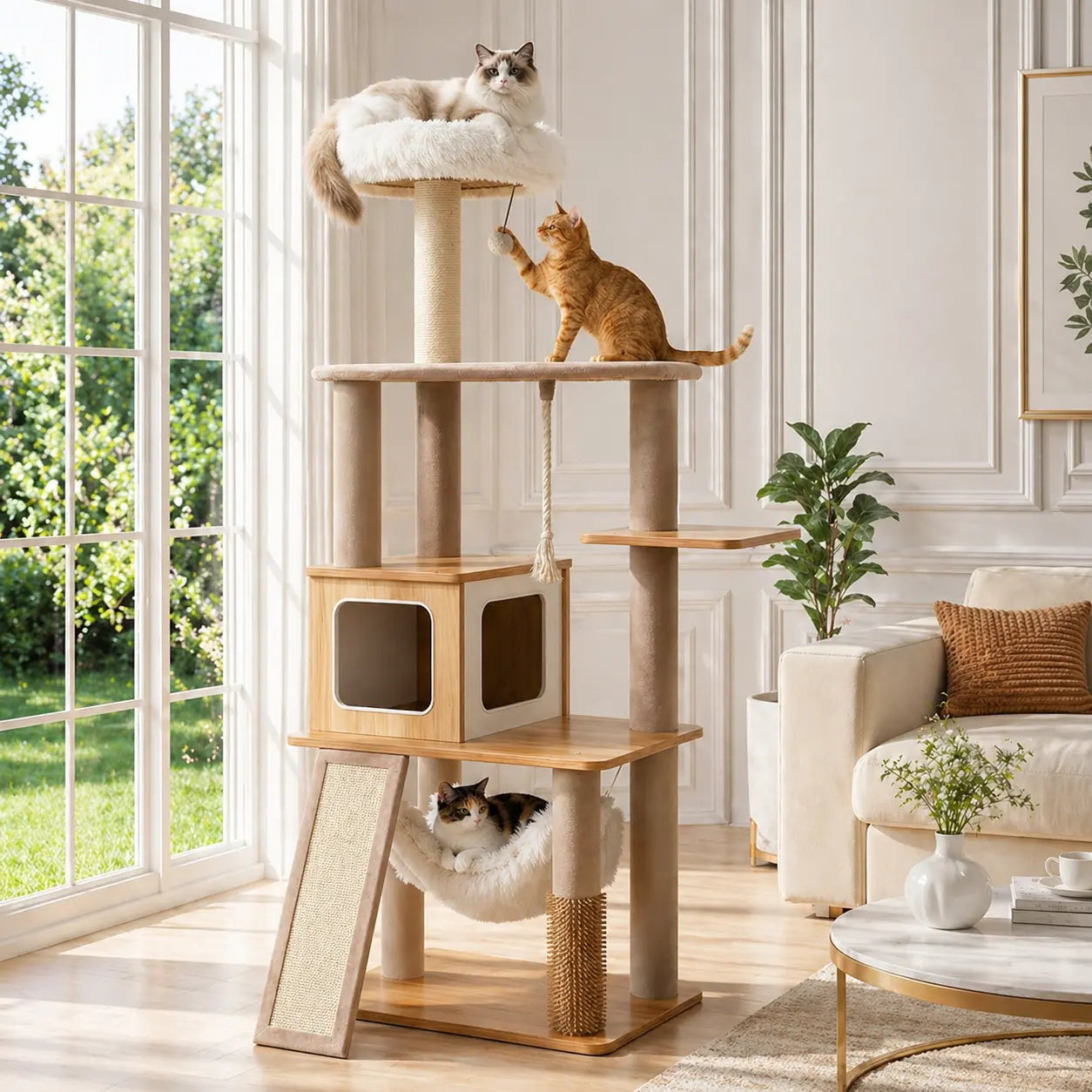 Purrlato 61-Inch Solid Wood Cat Tree - Heavy Duty Modern Cat Tower for Indoor Cats with Extra Large Top Perch, Sturdy Scratching Posts, and Spacious Condo - Ideal Gift for Mother's Day