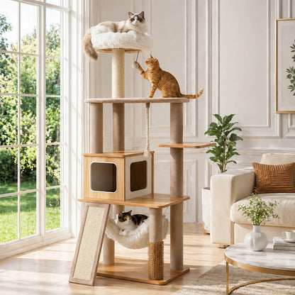 Purrlato 61-Inch Solid Wood Cat Tree - Heavy Duty Modern Cat Tower for Indoor Cats with Extra Large Top Perch, Sturdy Scratching Posts, and Spacious Condo - Ideal Gift for Mother's Day