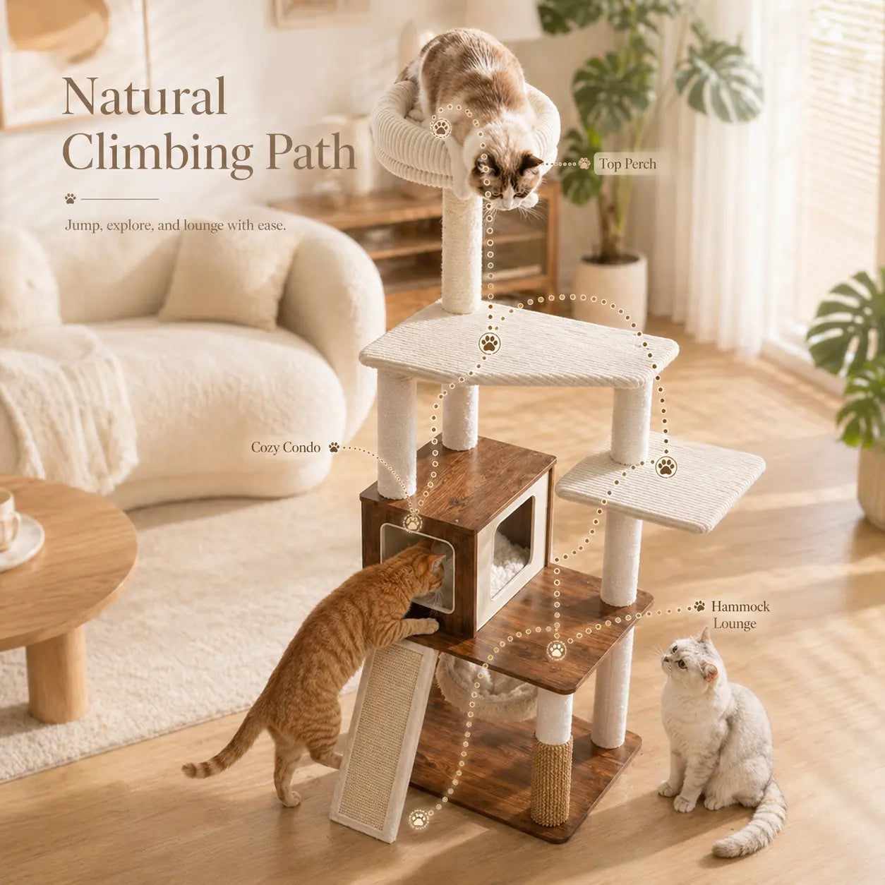 Purrlato 61-Inch Solid Wood Cat Tree - Heavy Duty Modern Cat Tower for Indoor Cats with Extra Large Top Perch, Sturdy Scratching Posts, and Spacious Condo - Ideal Gift for Mother's Day