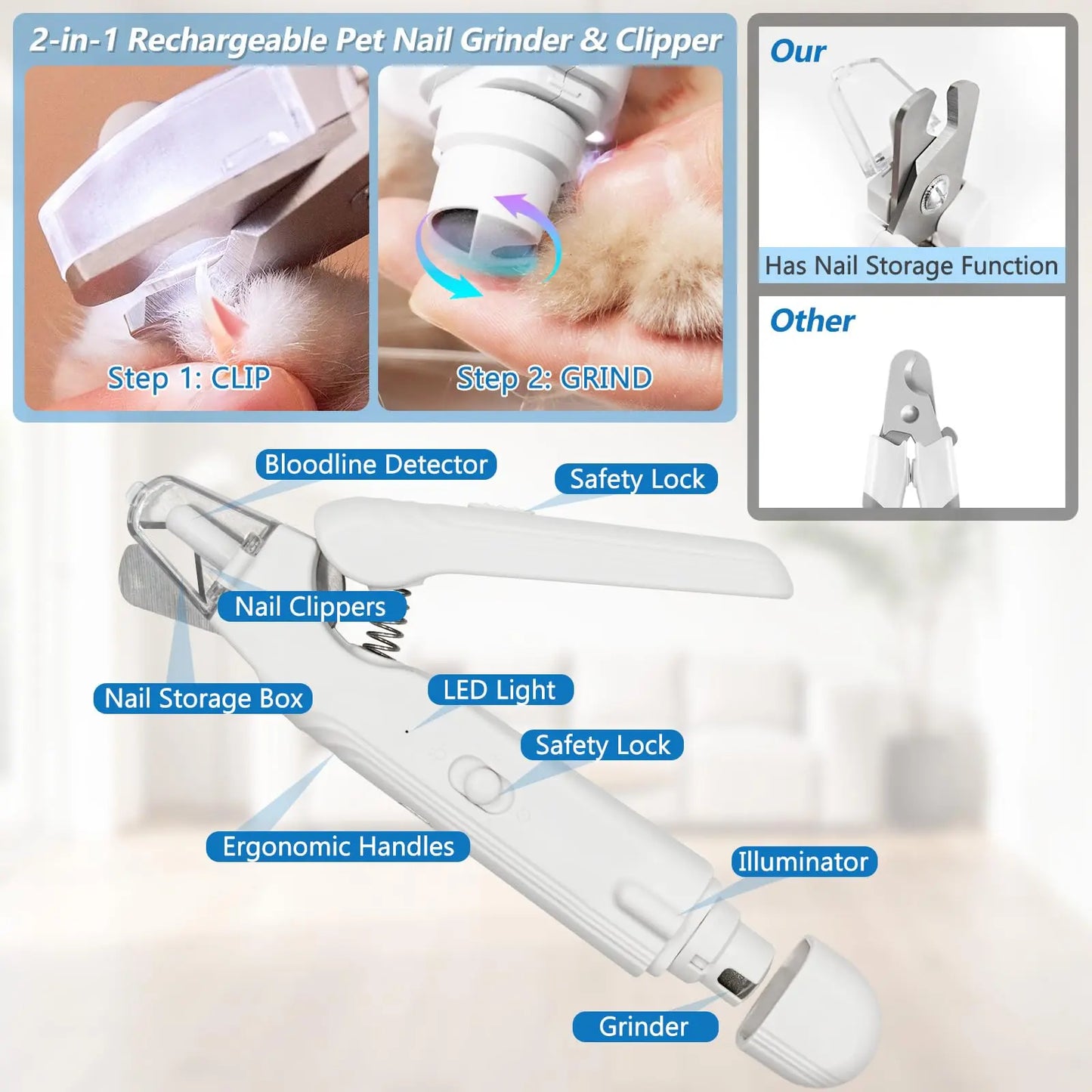 PetPulse Dual-Function LED Nail Grinder for Dogs and Cats – Precision Nail Trimmer with Ergonomic Non-Slip Handle for Safe and Convenient Home Grooming