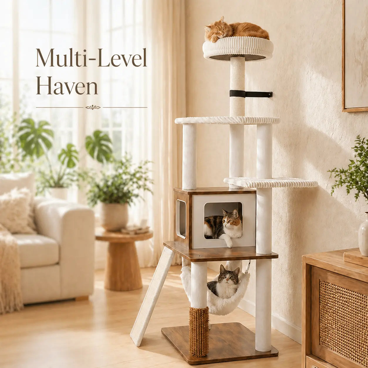 Purrlato 61-Inch Solid Wood Cat Tree - Heavy Duty Modern Cat Tower for Indoor Cats with Extra Large Top Perch, Sturdy Scratching Posts, and Spacious Condo - Ideal Gift for Mother's Day