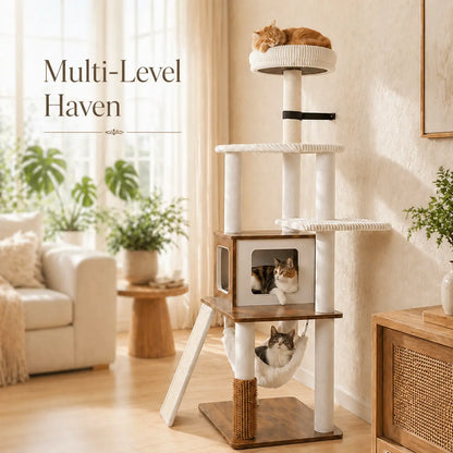 Purrlato 61-Inch Solid Wood Cat Tree - Heavy Duty Modern Cat Tower for Indoor Cats with Extra Large Top Perch, Sturdy Scratching Posts, and Spacious Condo - Ideal Gift for Mother's Day