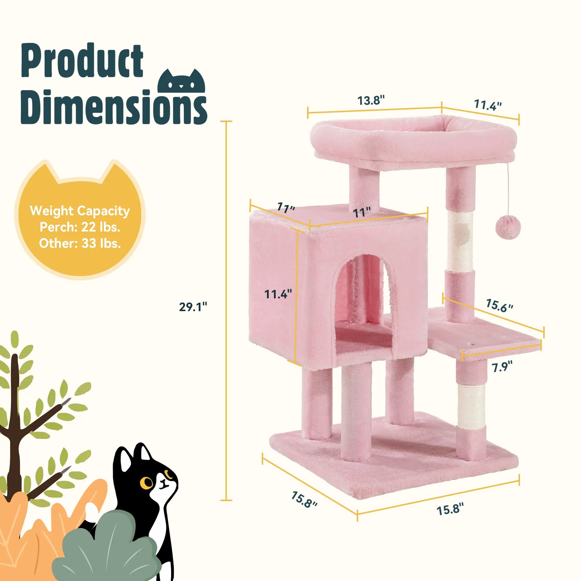 HOOMIC 29-Inch Multi-Level Cat Tree Tower with Spacious Perch, Cozy Condo, and Sisal Scratching Posts - Space-Saving Indoor Pet Furniture in Pink, Beige, Dark Blue, and Grey