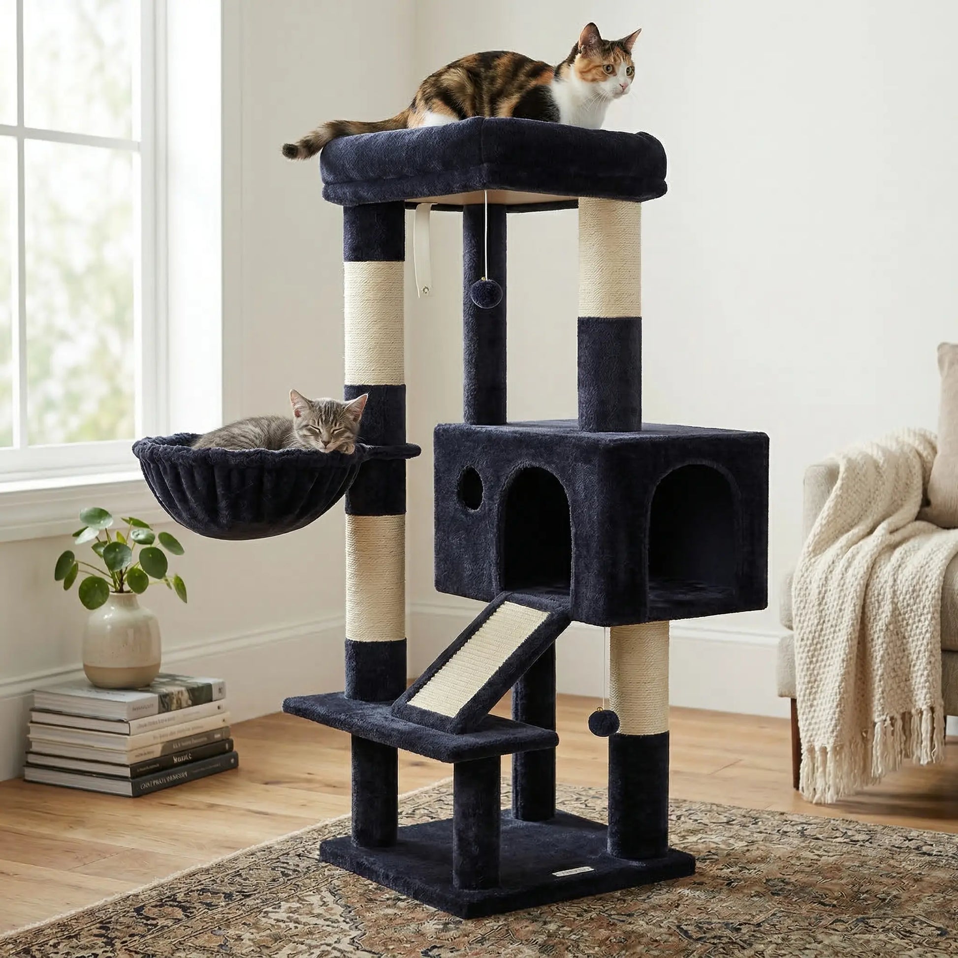Globlazer 50-Inch Corner Cat Tree Tower for Indoor Cats with Scratching Board, Kitty Condo, and Basket - Beige