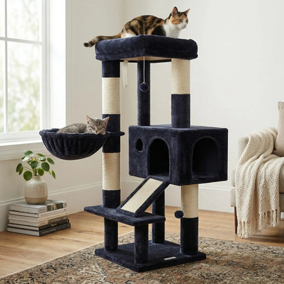 Globlazer 50-Inch Corner Cat Tree Tower for Indoor Cats with Scratching Board, Kitty Condo, and Basket - Beige