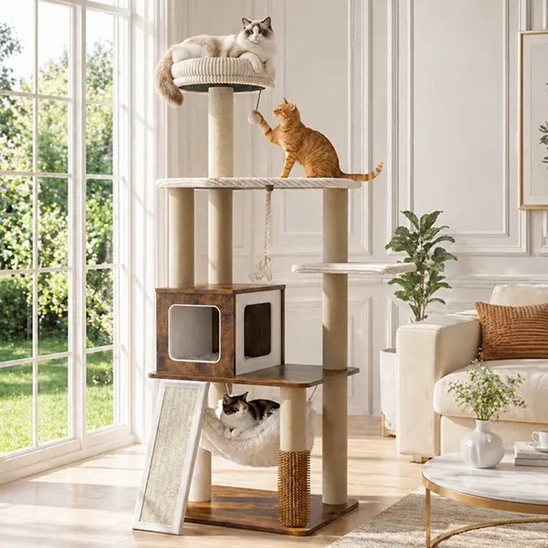 Purrlato 61-Inch Solid Wood Cat Tree - Heavy Duty Modern Cat Tower for Indoor Cats with Extra Large Top Perch, Sturdy Scratching Posts, and Spacious Condo - Ideal Gift for Mother's Day