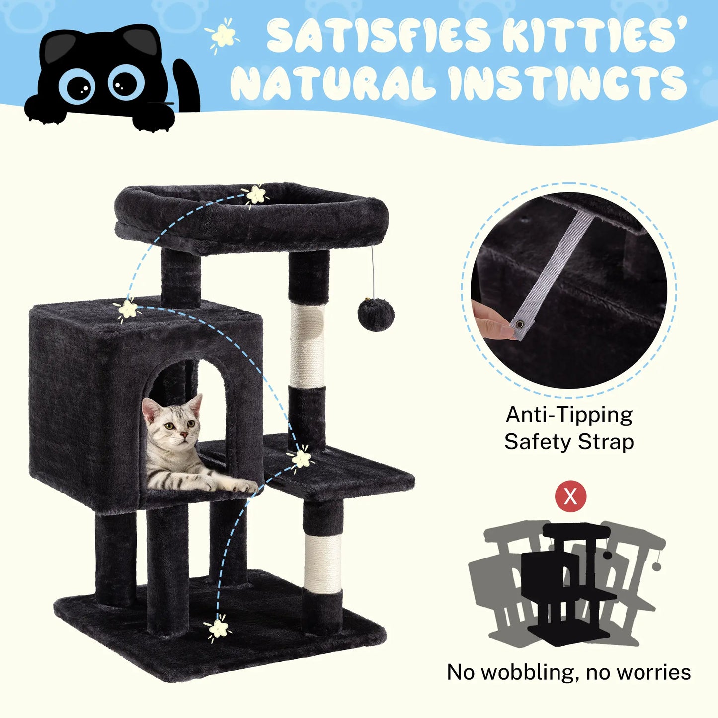 HOOMIC 29-Inch Multi-Level Cat Tree Tower with Spacious Perch, Cozy Condo, and Sisal Scratching Posts - Space-Saving Indoor Pet Furniture in Pink, Beige, Dark Blue, and Grey