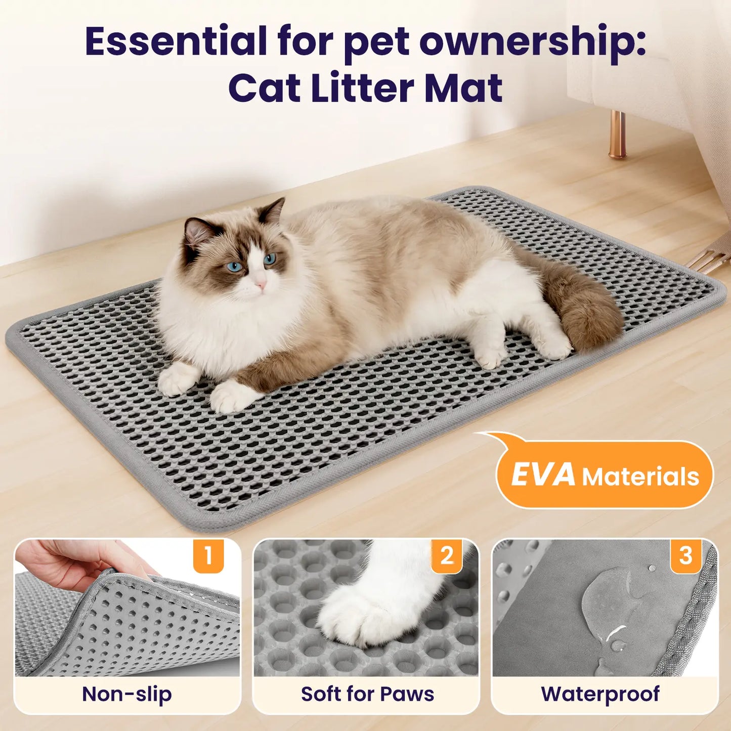 Grey Cat Litter Trapping Mat - 22x16 Inches, Waterproof, Urine-Proof, Non-Slip, Easy to Clean Floor Protection Mat