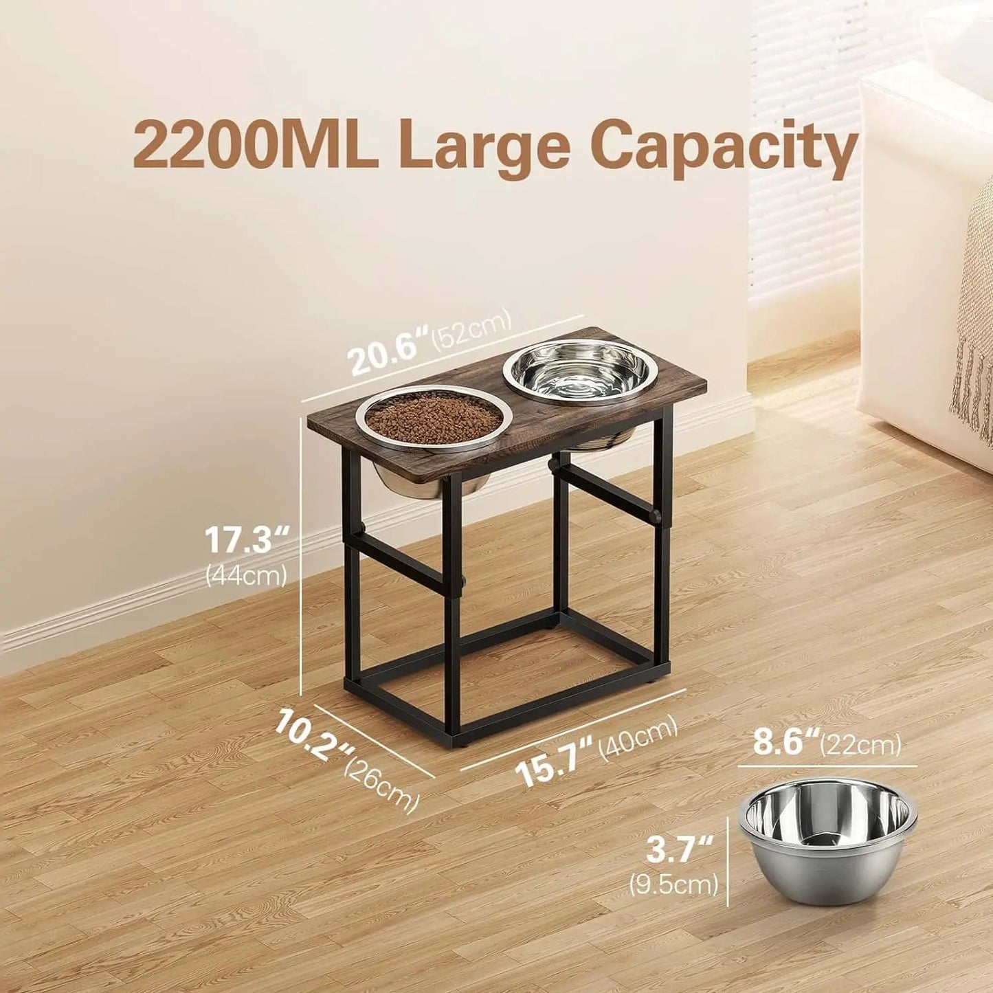 Elevated Dog Feeding Station with Adjustable Height, Includes Two 2.2L Stainless Steel Bowls for Large Breeds