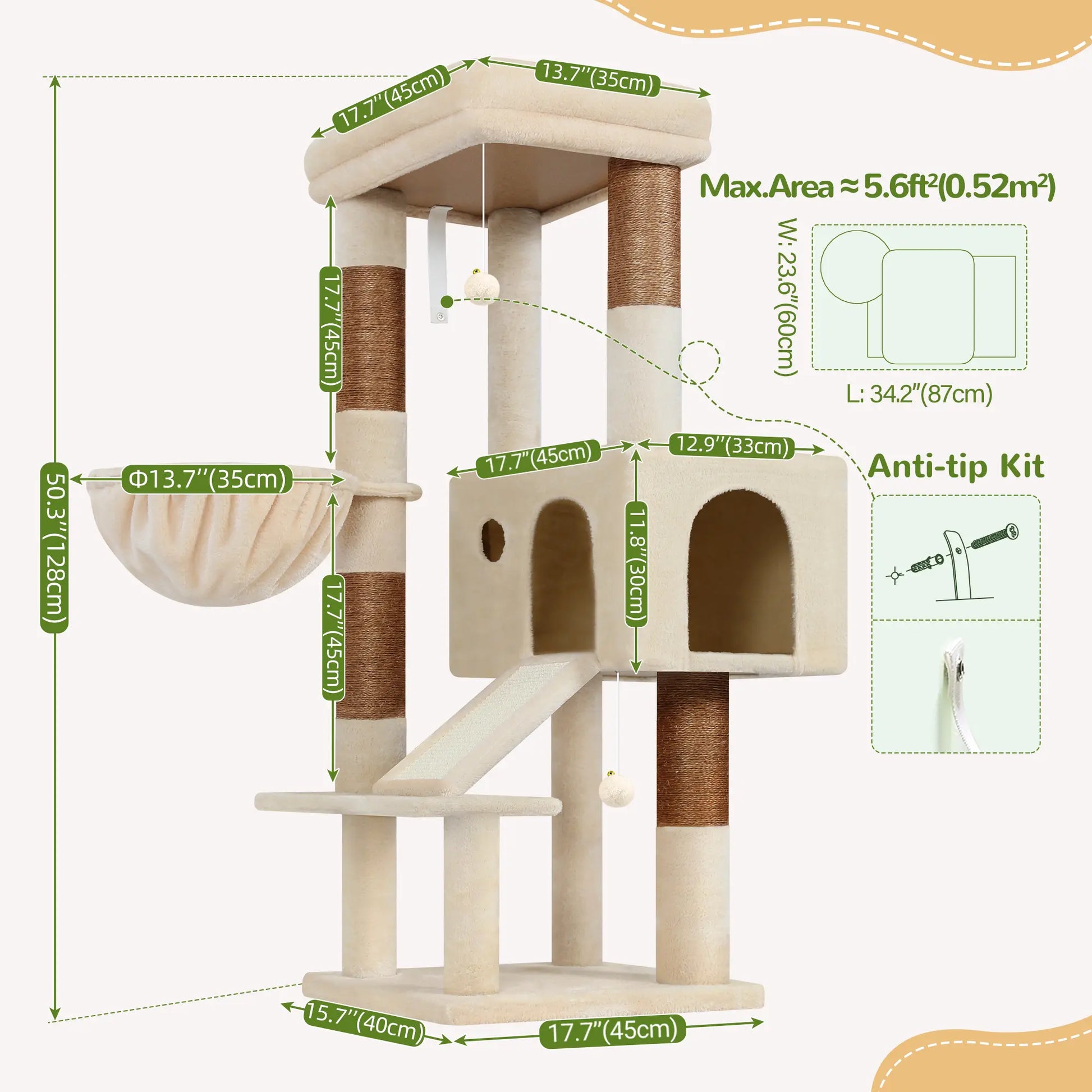 Globlazer 50-Inch Corner Cat Tree Tower for Indoor Cats with Scratching Board, Kitty Condo, and Basket - Beige