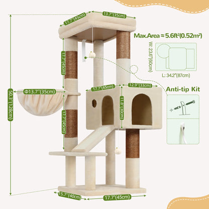 Globlazer 50-Inch Corner Cat Tree Tower for Indoor Cats with Scratching Board, Kitty Condo, and Basket - Beige