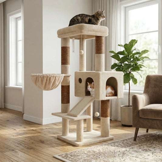 Globlazer 50-Inch Corner Cat Tree Tower for Indoor Cats with Scratching Board, Kitty Condo, and Basket - Beige