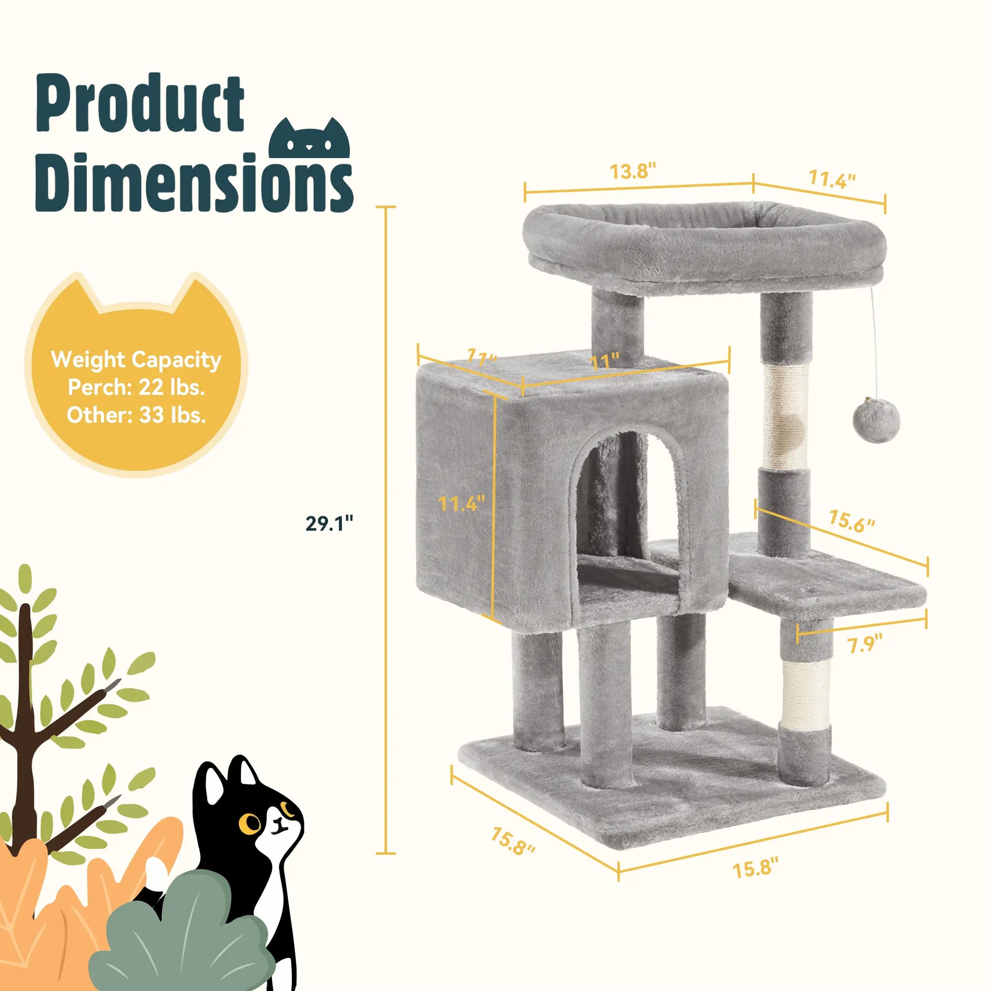 HOOMIC 29-Inch Multi-Level Cat Tree Tower with Spacious Perch, Cozy Condo, and Sisal Scratching Posts - Space-Saving Indoor Pet Furniture in Pink, Beige, Dark Blue, and Grey