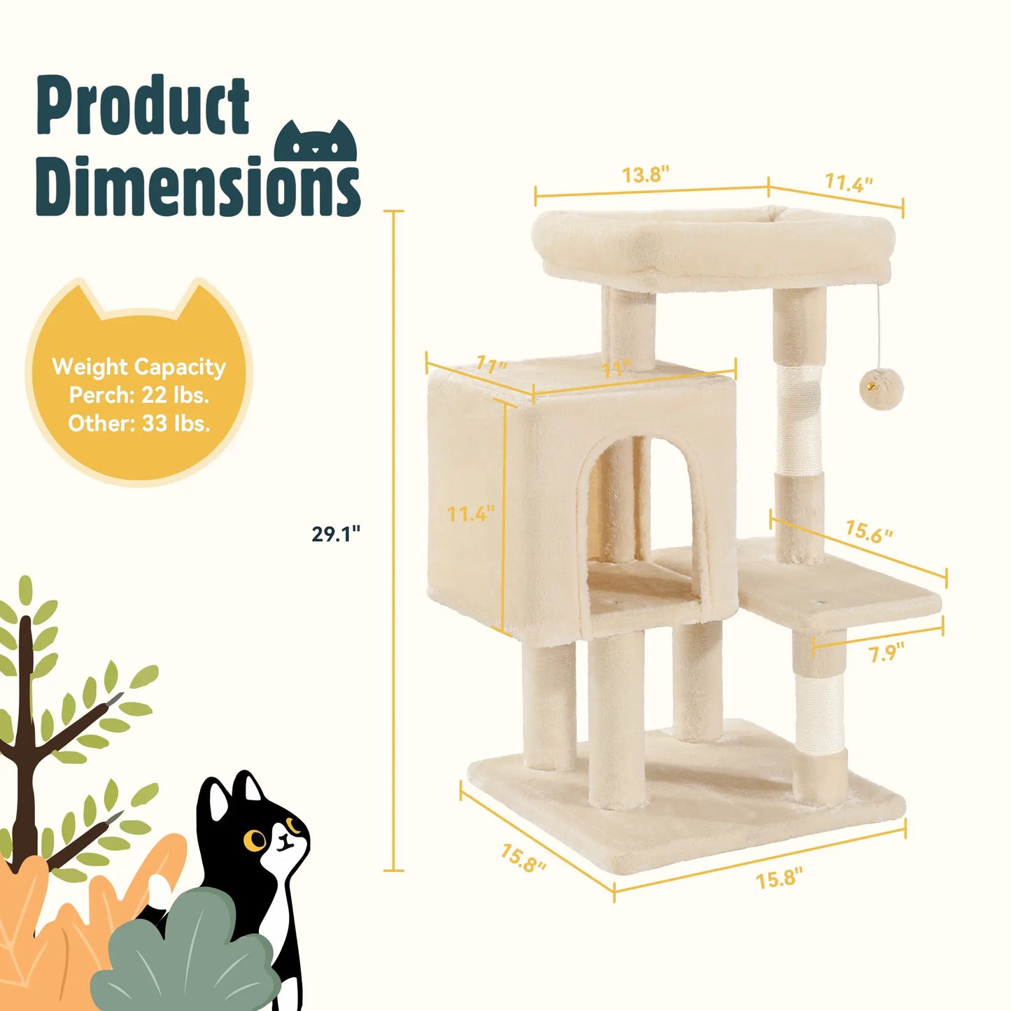 HOOMIC 29-Inch Multi-Level Cat Tree Tower with Spacious Perch, Cozy Condo, and Sisal Scratching Posts - Space-Saving Indoor Pet Furniture in Pink, Beige, Dark Blue, and Grey