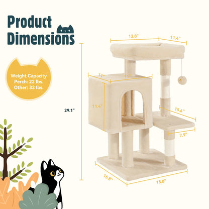 HOOMIC 29-Inch Multi-Level Cat Tree Tower with Spacious Perch, Cozy Condo, and Sisal Scratching Posts - Space-Saving Indoor Pet Furniture in Pink, Beige, Dark Blue, and Grey