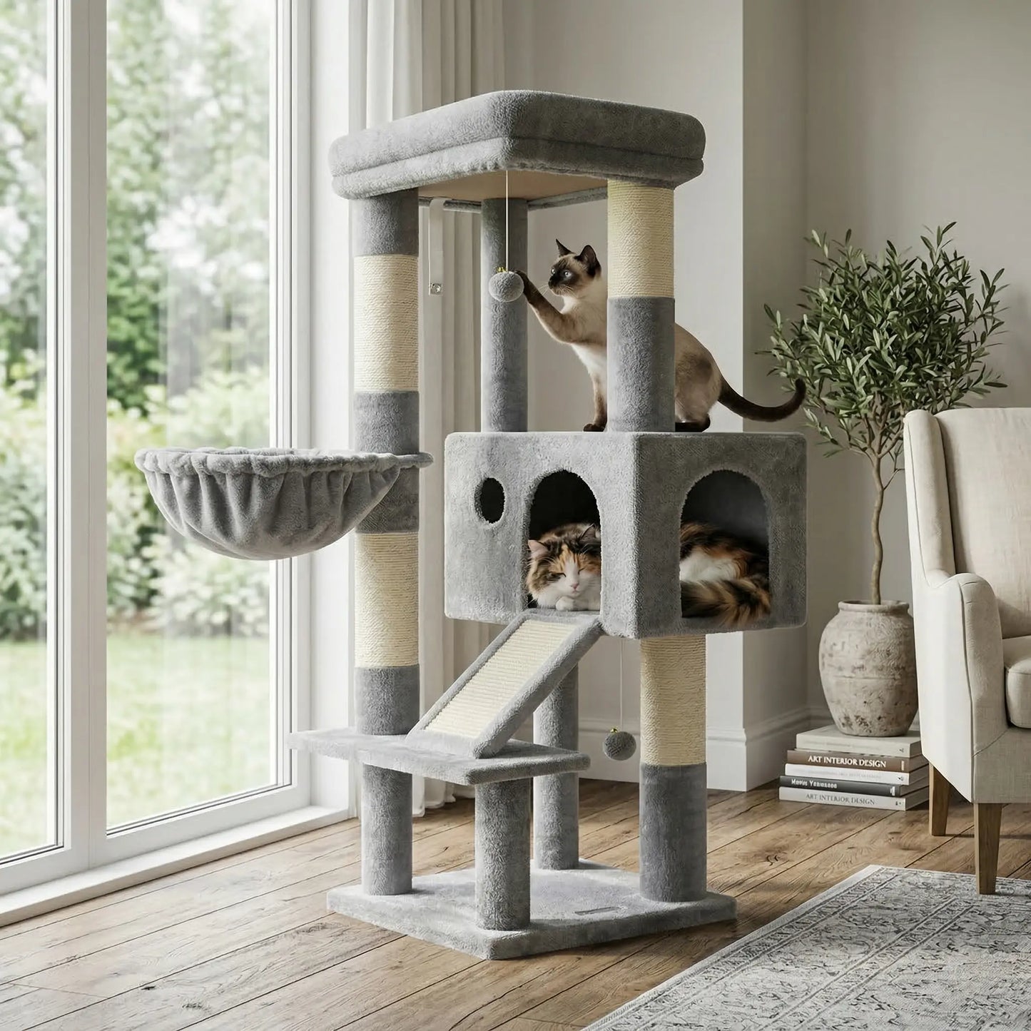Globlazer 50-Inch Corner Cat Tree Tower for Indoor Cats with Scratching Board, Kitty Condo, and Basket - Beige