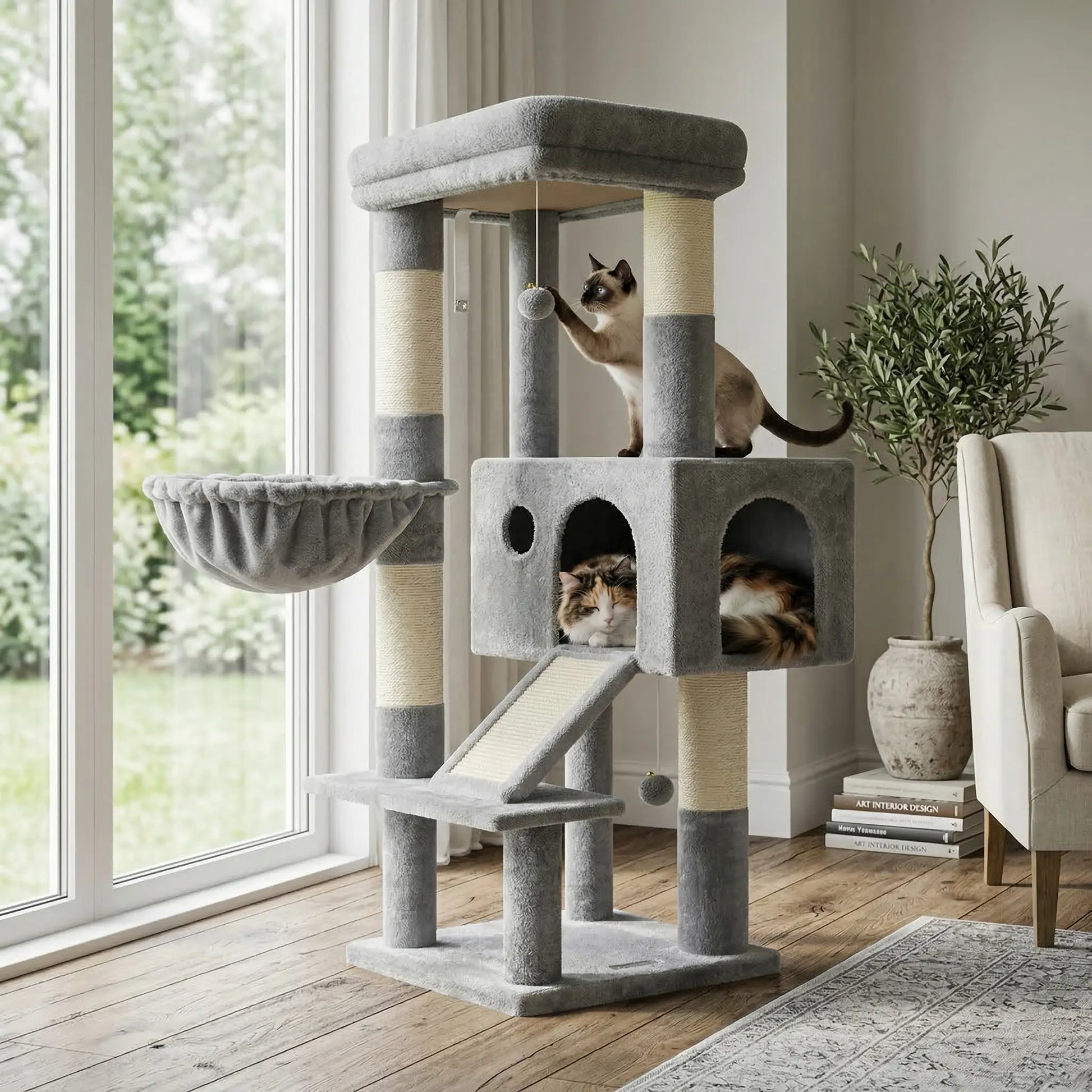 Globlazer 50-Inch Corner Cat Tree Tower for Indoor Cats with Scratching Board, Kitty Condo, and Basket - Beige